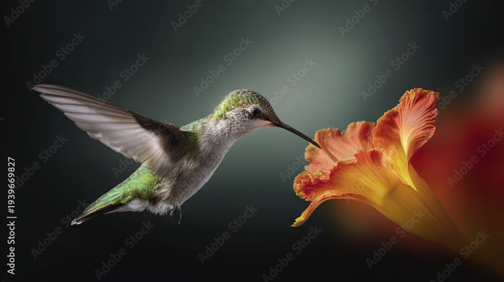 Fototapeta premium Hummingbird Feeding on Bright Orange Flower