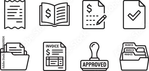 A set of eight line drawn finance icons including documents, invoice, approved stamp, and money bills in black and white.