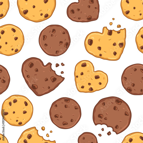 Cookies, biscuits, bitten off chocolate cookies pattern, seamless background. Cartoon drawing