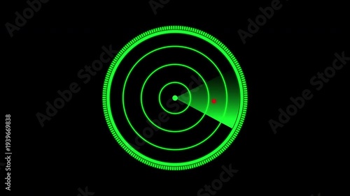 futuristic green radar scanning interface with a rotating sweep displayed in a modern HUD style. alpha channel background for easy compositing and seamless looping. Ideal for navigation, security, etc
