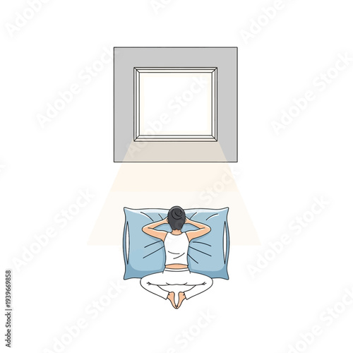 Woman Relaxing in Bed Looking Up at Bright Modern Skylight or Ceiling Light Panel