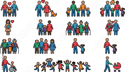 A collection of colorful flat design family icons depicting diverse family structures and relationships in a modern style on a white background for use in web and mobile applications.
