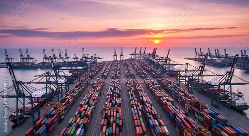 Aerial view of a busy shipping port with numerous cargo containers and cranes at sunset
