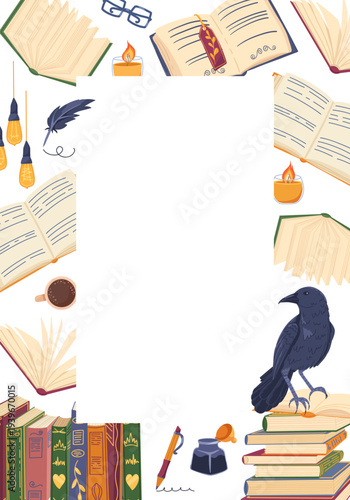 Books frame. Poet core. Vertical poster for book fair with vintage books, raven, ink, feather. Vector template with blank copy space for bookstore, bookshop, library, postcard, invitation, book club