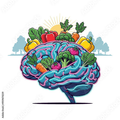 Healthy Brain Nutrition Concept with Fresh Vegetables and Fruits Illustration, Mind Health and Diet