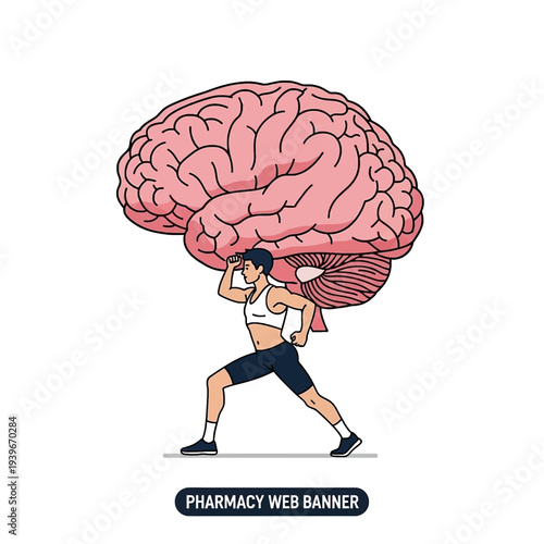 Athletic woman carrying an oversized human brain on her back, symbolizing mental burden, stress, or cognitive load.