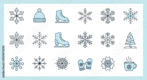 Collection of Various Snowflake and Winter Icon Designs.