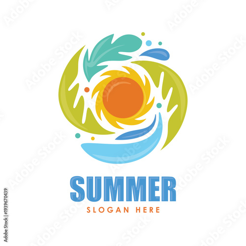 Unique design colorful abstract summer themed logo with bright sun at the center