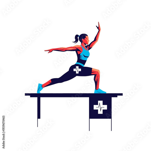 Female athlete doing lunge pose with medical cross symbol, health and fitness concept