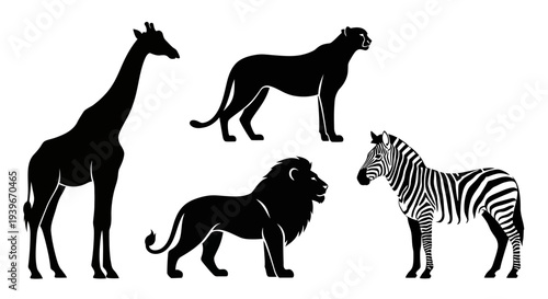 African Safari Animals Silhouettes Collection on White Background