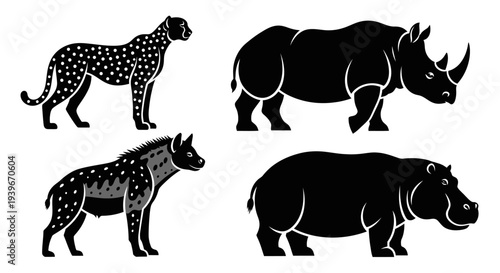 African Wildlife Silhouettes: Cheetah, Rhino, Hyena, and Hippo Collection