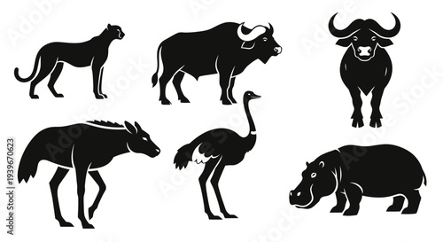 African Wildlife Silhouettes Collection: Cheetah, Buffalo, Hyena, Ostrich, Hippo Icons