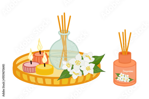 Vector interior composition with an aroma diffuser, candles and jasmine flowers. Основные RGB