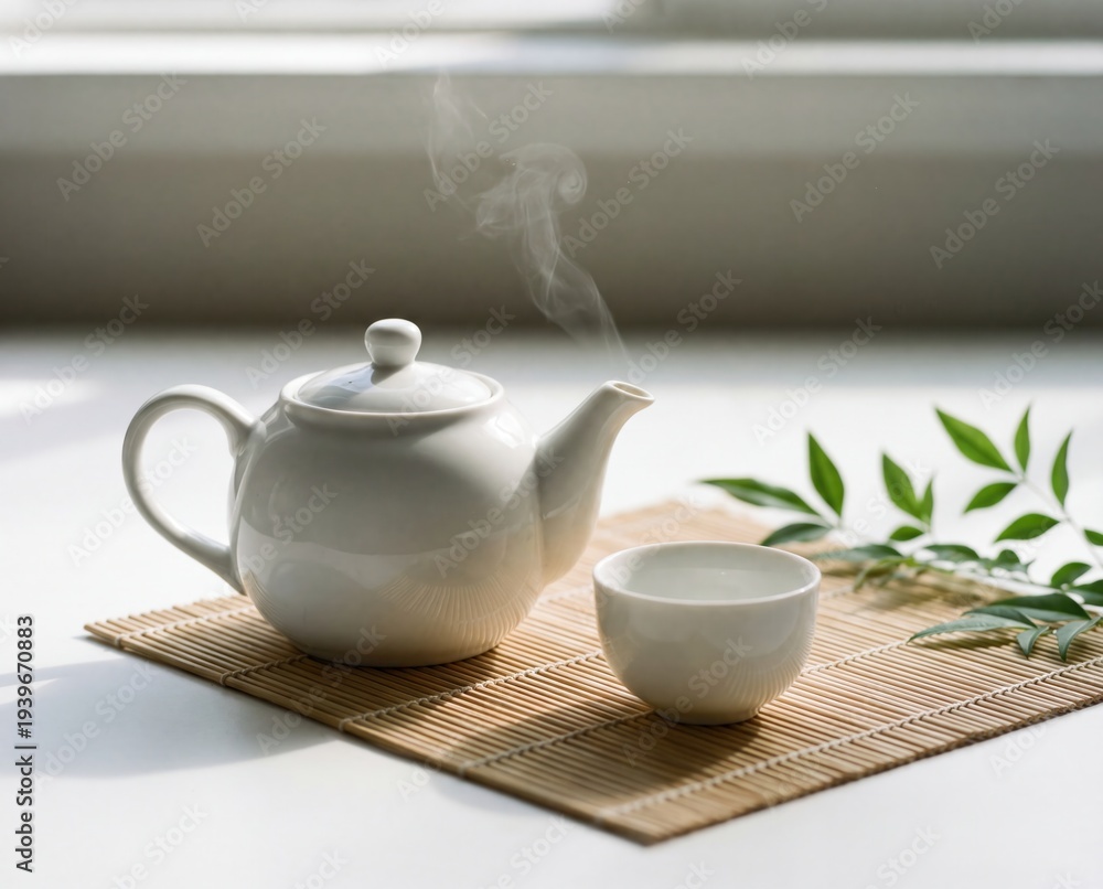 Fototapeta premium White teapot and cup with steam on bamboo mat in minimal zen setting 
