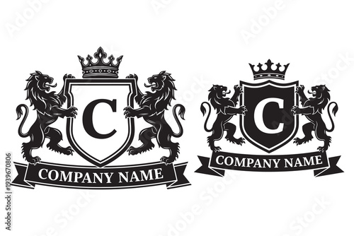 Black and white heraldic crests with lions and shields