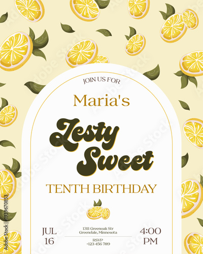 Birthday party invitation template. Vector card with lemon pattern and retro typography. Summer celebration illustration with citrus background