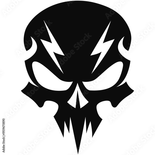 Vector Art Bold Metal Skull with Lightning Accents in Black and White Design
