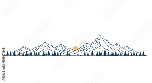 Scenic Mountain Range with Sunrise and Pine Trees.