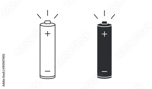 AAA battery icon set, alkaline battery power energy symbol, in outline and solid silhouette style. Vector illustration.