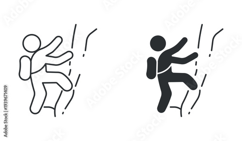 Rock climber climbing wall icon set, mountaineering climbing sport symbol, in outline and solid silhouette style. Vector illustration.