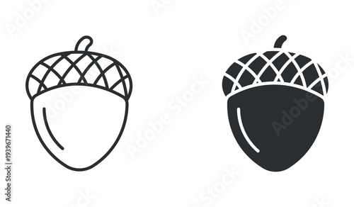 Acorn nut icon set, oak tree seed symbol, in outline and solid silhouette style. Vector illustration.