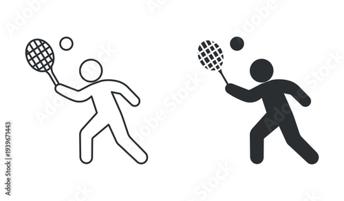 Tennis player with racket icon set, tennis sport activity symbol, in outline and solid silhouette style. Vector illustration.