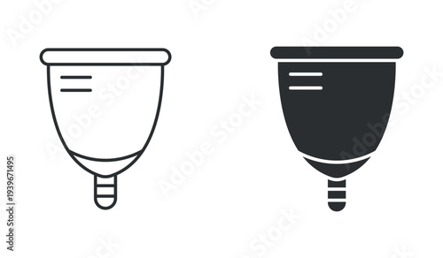 Menstrual cup feminine hygiene product icon set, reusable period cup symbol, in outline and solid silhouette style. Vector illustration.