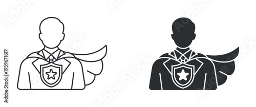 Superhero character icon set, hero with cape and shield symbol, in outline and solid silhouette style. Vector illustration.