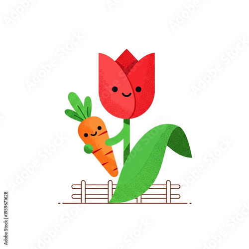 Smiling Red Tulip Flower Holding Happy Orange Carrot in Garden with Fence Line