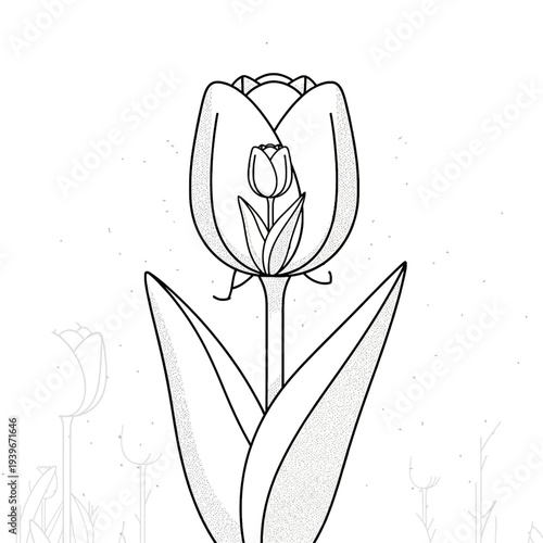 Line art illustration of a nested tulip, a small tulip growing inside a large flower outline.