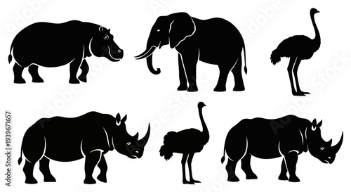 African Wildlife Silhouettes Collection: Elephant, Rhino, Hippo, Ostrich Vector Set