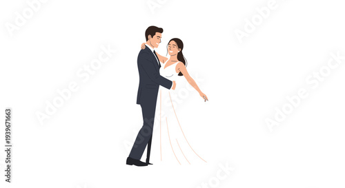 An illustration features a man in a dark suit and a woman in a white wedding dress smiling and posing together.