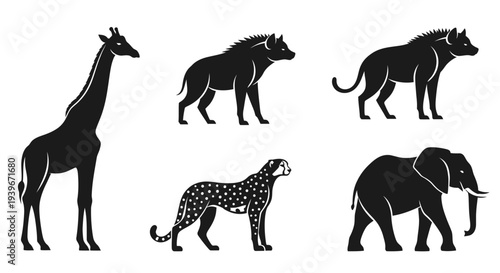 African Wildlife Silhouettes Collection: Giraffe, Elephant, Cheetah, Hyena