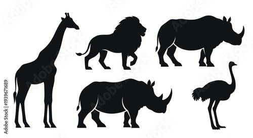 African Wildlife Silhouettes Collection: Giraffe, Lion, Rhinoceros, and Ostrich