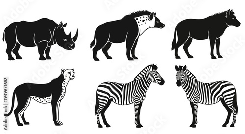 African Wildlife Silhouettes Collection: Rhino, Hyenas, Cheetah, and Zebras