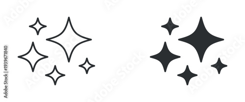 Sparkle stars icon set, shining glitter magic light symbol, in outline and solid silhouette style. Vector illustration.
