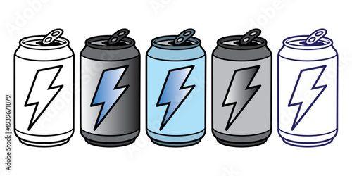 Set of five energy drink cans with lightning bolts isolated on white background