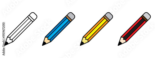 Set of four colorful pencils with sharp tips isolated on white background