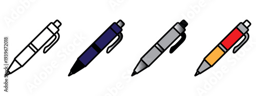 Set of four colorful ballpoint pens isolated on white background for office and school use