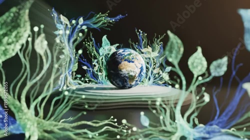 Vibrant Earth cradled by radiant, ethereal foliage, symbolizing ecological harmony, sustainable growth, and global environmental well-being