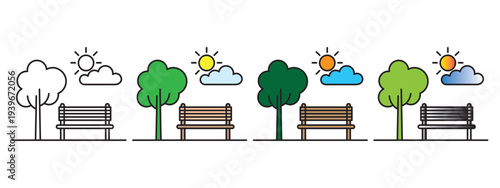 Four seasons park benches cycle illustration sunny cloudy weather vector set