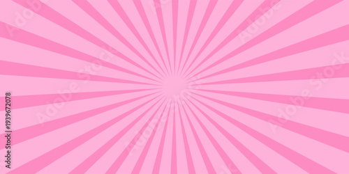 Pink rose light burst background with sunbeams. Invitation card template (party birthday invite). Comic retro circus poster BG. Baby girl. Backstage banner. Trendy stripes sun. Sweet romantic pop ar