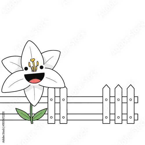 Happy Cartoon White Lily Flower Character Peeking Over Picket Fence Illustration
