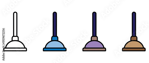 Set of four colorful vacuum cleaners isolated on white background for cleaning and home maintenance