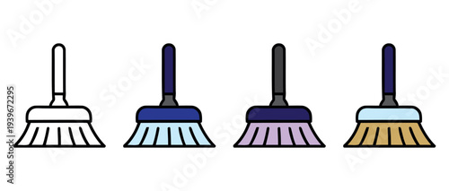 Set of four flat design brooms isolated on white background cleaning tools illustration