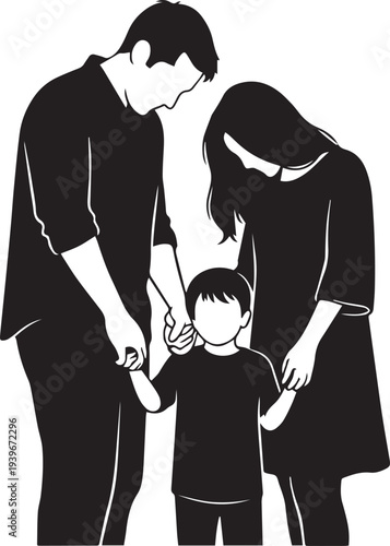 Silhouette of a family with a child standing together in a loving embrace family