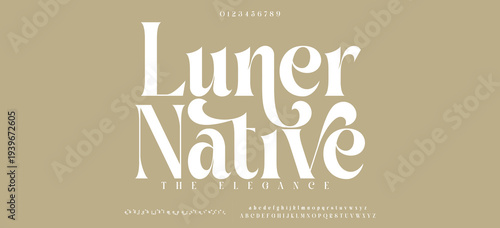 Luner Native Elegant wedding alphabet letters font and number. Typography Luxury classic lettering serif fonts decorative vintage retro concept. vector illustration