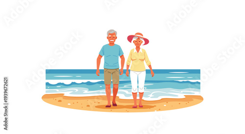 An active senior Caucasian couple walks hand-in-hand along a sunlit sandy beach with gentle blue ocean waves in the background.