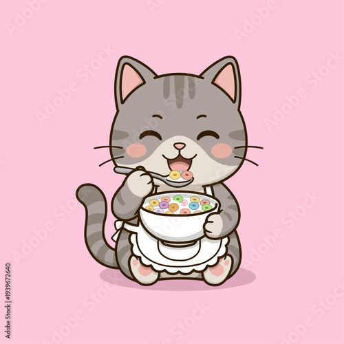 A cheerful vector illustration of a cute cat mascot sitting comfortably while enjoying a bowl of cereal.