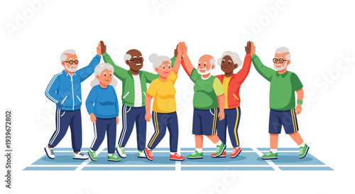 A diverse group of seven cheerful elderly people in sportswear gives high-fives on a blue track, celebrating their active lifestyle.